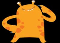an illustration of an orange creature in a thinking pose