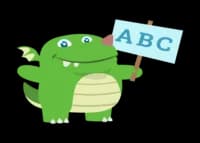 illustration of a green dragon holding a sign with the letters A, B and C