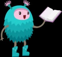 illustration of a teal creature wearing boots. she is holding an open book