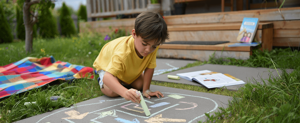 Child drawing colorful shapes with chalk on a patio outdoors.