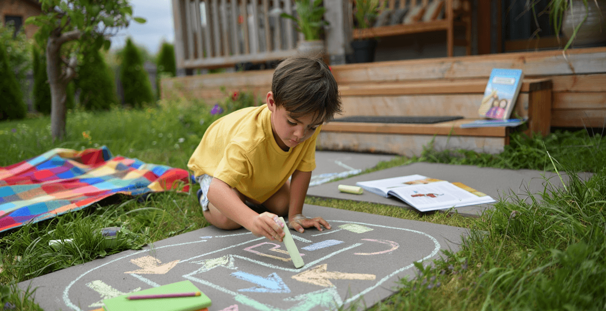 Child drawing colorful arrows and shapes with chalk on a gray path outdoors.