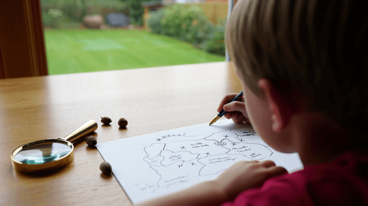 Child drawing a map with a pen, magnifying glass, and acorns on a table.