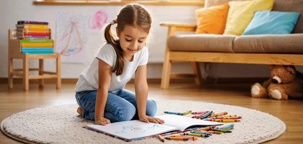 Child drawing with crayons on a rug, surrounded by colorful art supplies.