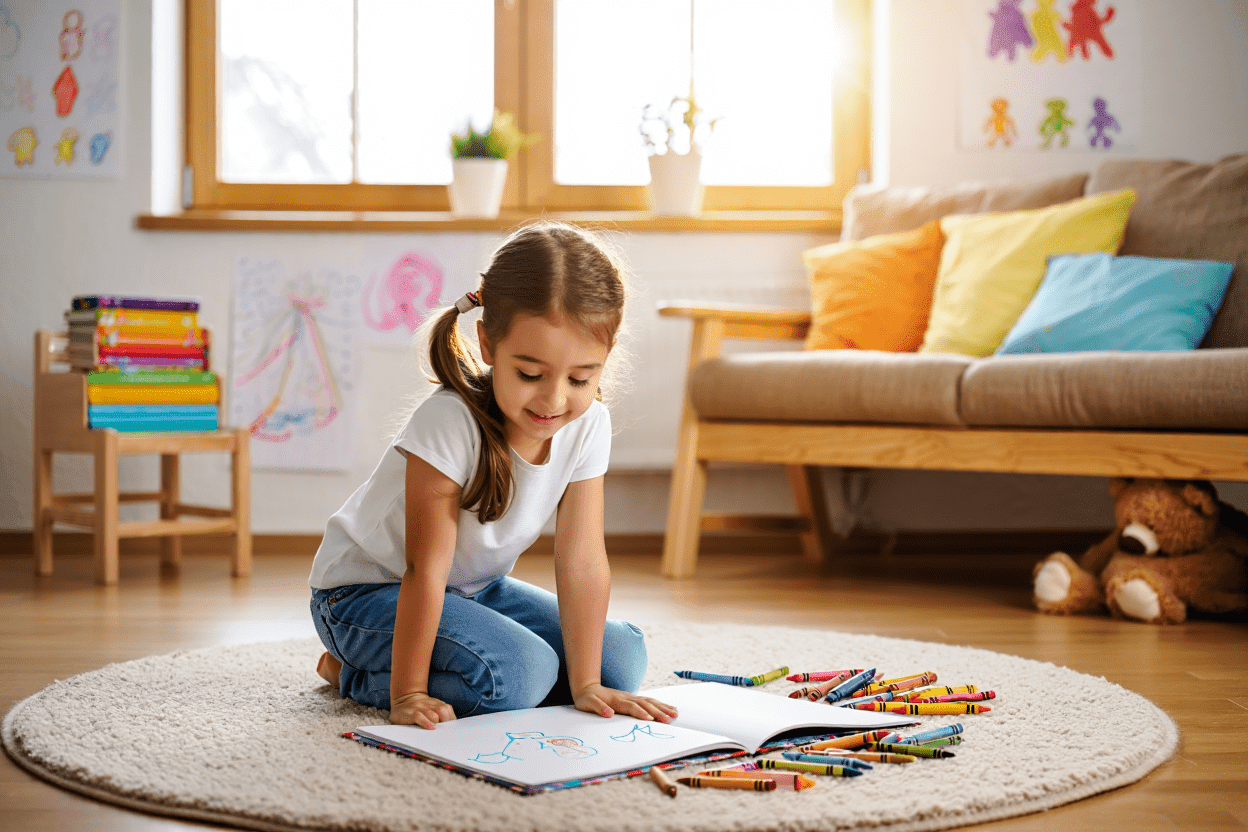 Child drawing on a rug with crayons and a notebook.