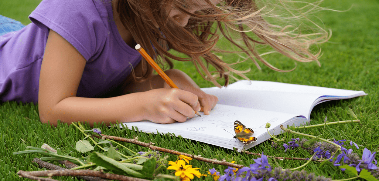 Child drawing in a notebook on grass with a butterfly nearby.