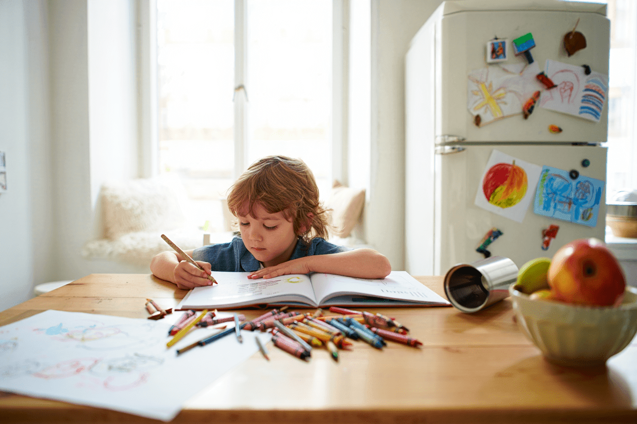 Child drawing in a book with crayons on a wooden table.