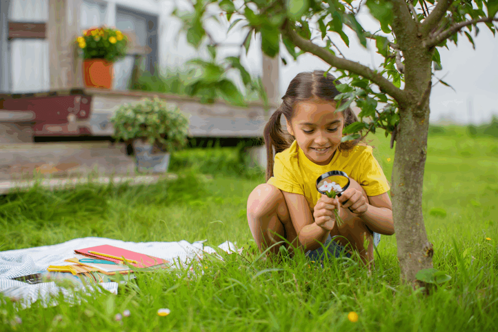 Child with pigtails examining white flowers with a magnifying glass.