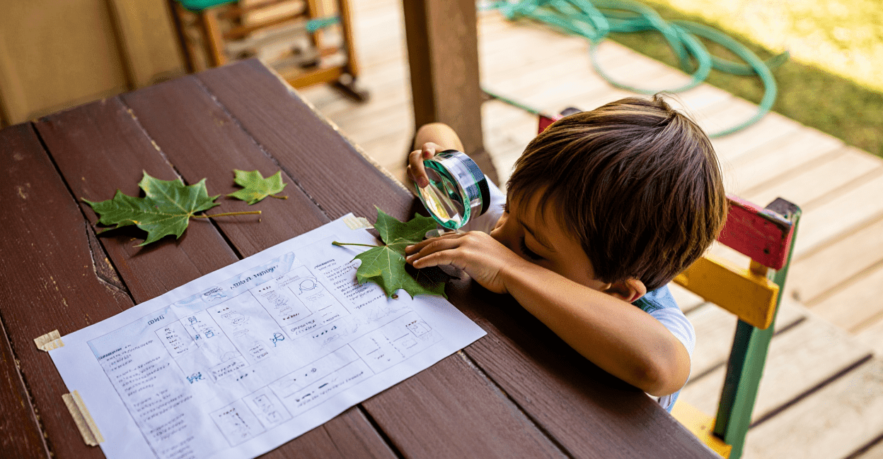 Child examining a green leaf with a magnifying glass on a wooden table.
