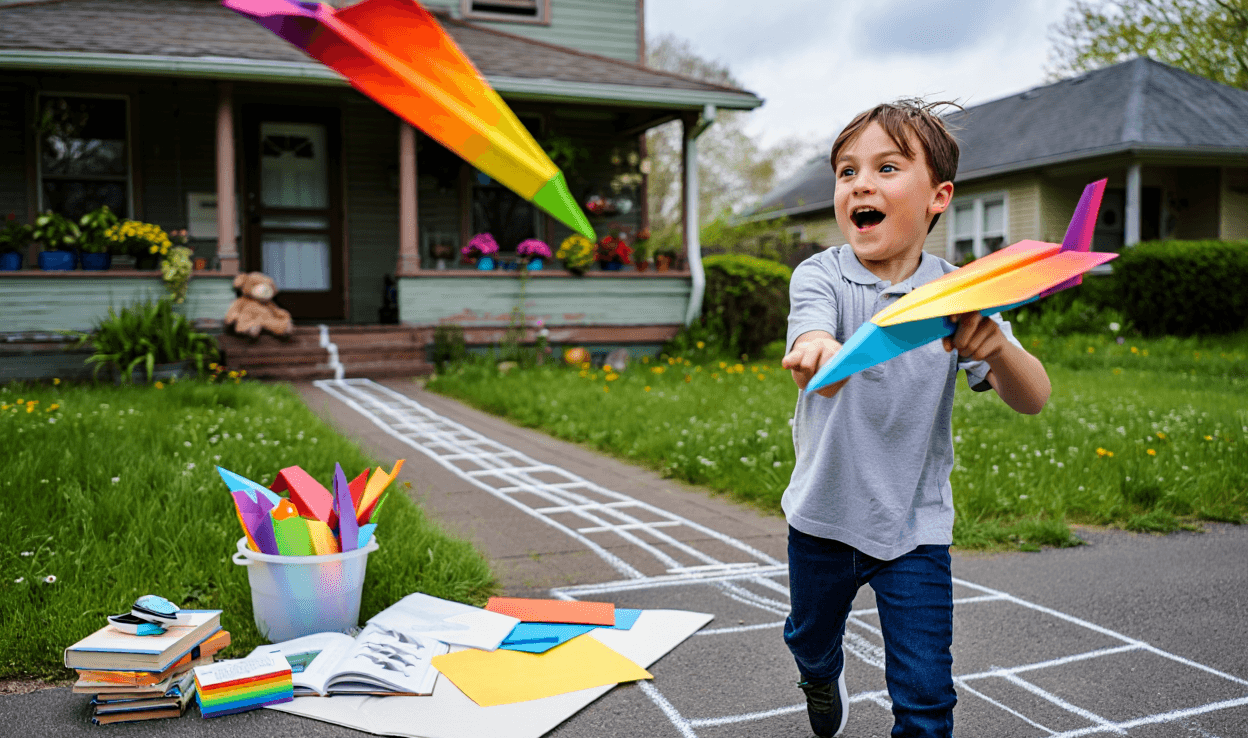 Excited child launches a colorful paper airplane outdoors, surrounded by school supplies.