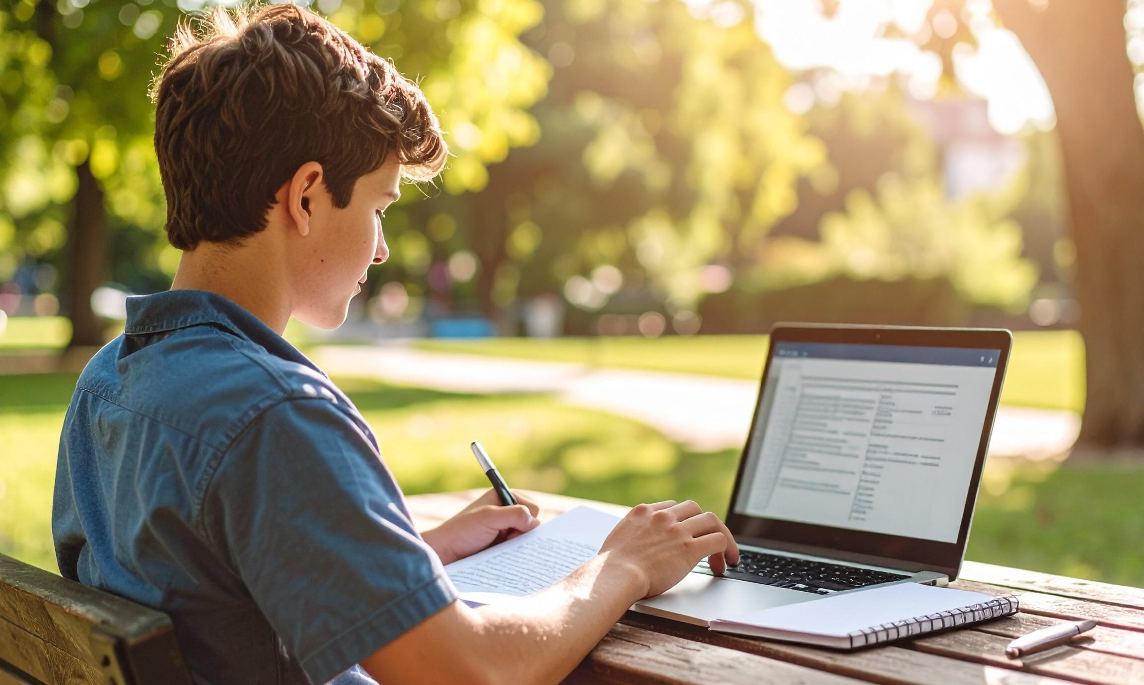 Young person studying outdoors with laptop and notebook.